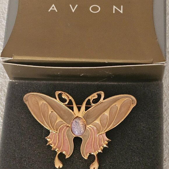 Avon Victorian Butterfly Pin Brooch w Box Retired 1998 Enamel w Faux Opal - Picture 2 of 4